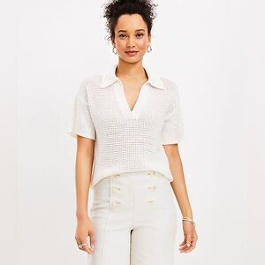 LOFT White Open Stitch Short Sleeve Polo Sweater Knit Top Large